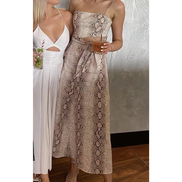 Zimmermann 3 Bellitude $640 LINEN Python Snake Print Midi Dress Neutral Tan 10 L - Picture 6 of 16